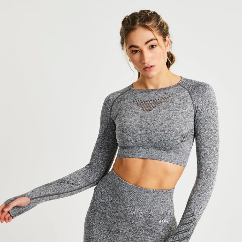 AYBL MOTION SEAMLESS LONG SLEEVE CROP TOP GREY MARL SIZE M EXCELLENT CONDITION